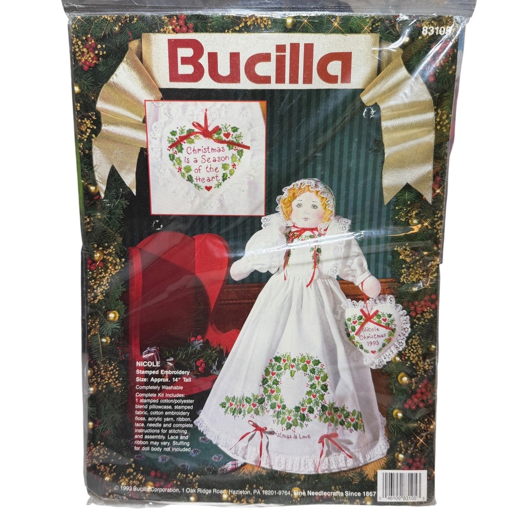 Bucilla Stamped Embroidery Doll Kit 83105 Nicole Christmas Holiday Vintage 1993